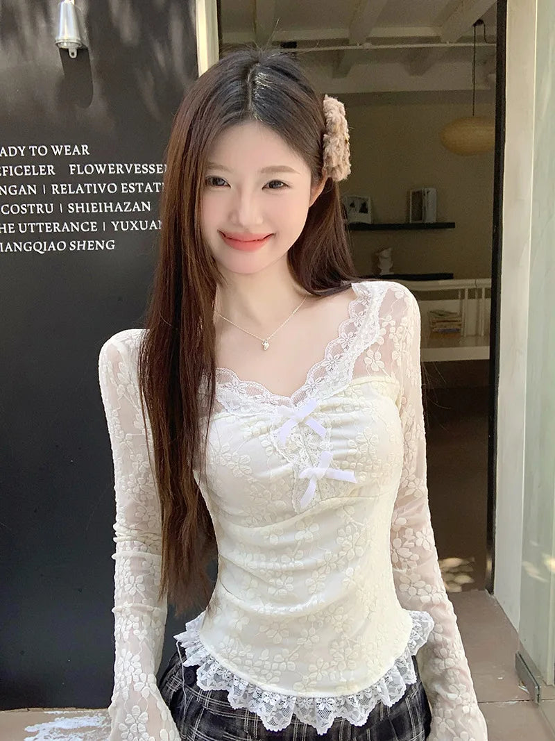 Women Long Sleeved T-shirt V-neck Lace Bow Splicing Slimming Solid Color Simple Fashion Sweet Daily Versatile Short Style Top