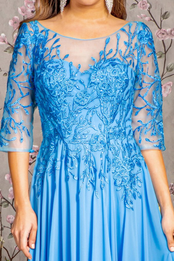 Bead Embroidery Sheer Neckline V-back Chiffon A-line Long Dress-4