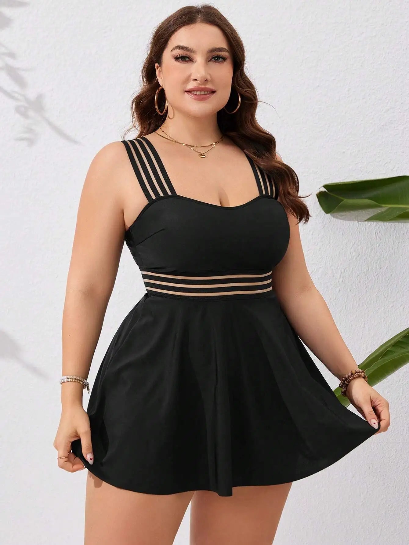 Black Plus Size Flirty Skirted Swimsuit Featuring Sheer Horizontal Stripes For Summer Beach Getaway