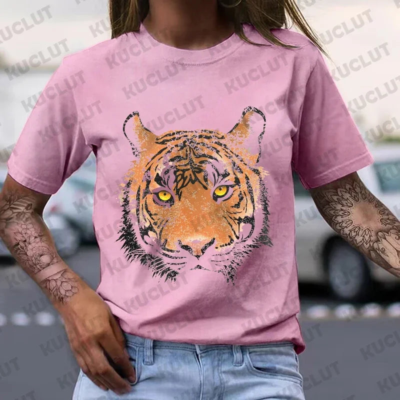 Short Sleeve Casual Ladies Fashion Female T-shirt Tropical Jungle Vintage Graphic Tee Women Grunge Tiger Print Summer T Clothing
