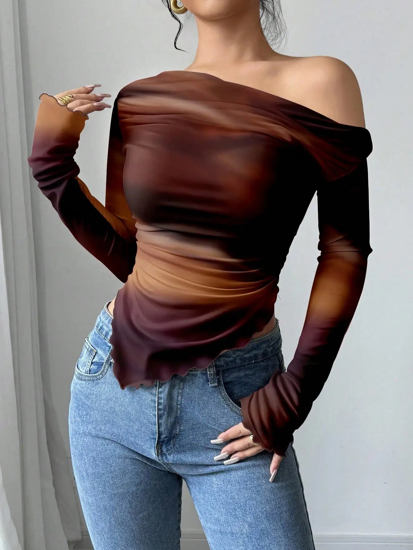 Brown Leopard Print Off Shoulder Long Sleeve Top For Women Fall Winter Party Casual