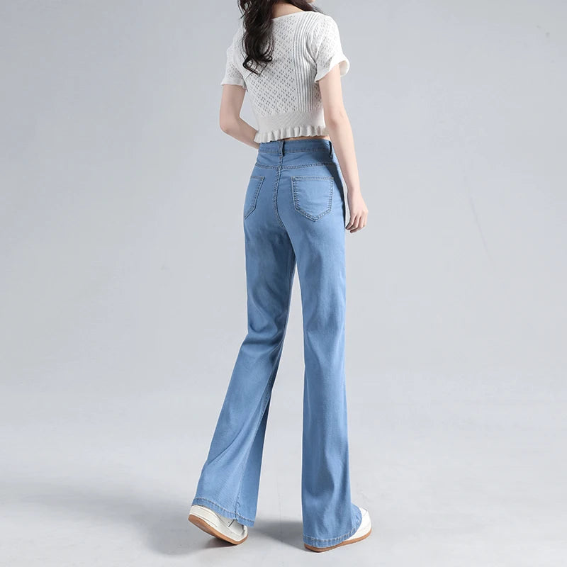 Summer Women's Wide Leg 100% Lyocell fabric Jeans Flared Bootcut Denim Pants High Waist Loose Thin Breathable Trousers Male