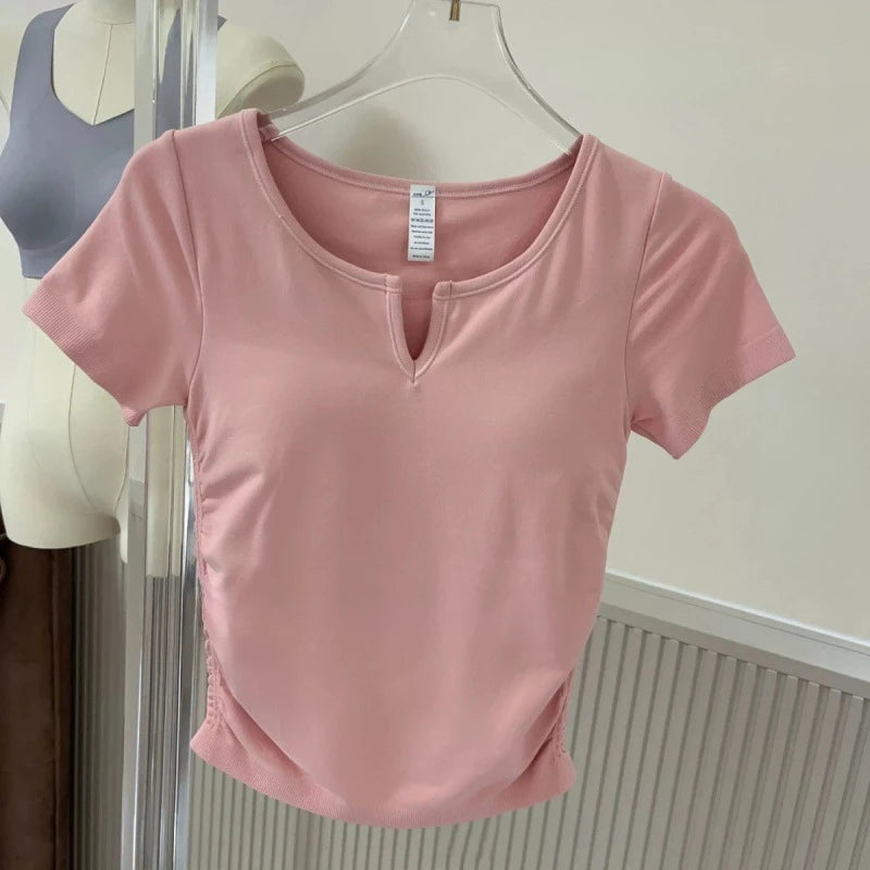 Seamless V-neck with Bra Pads Short-sleeved Women's Thin Slim Cups One-piece T-shirt Yoga Wear Fitness Tops for Women