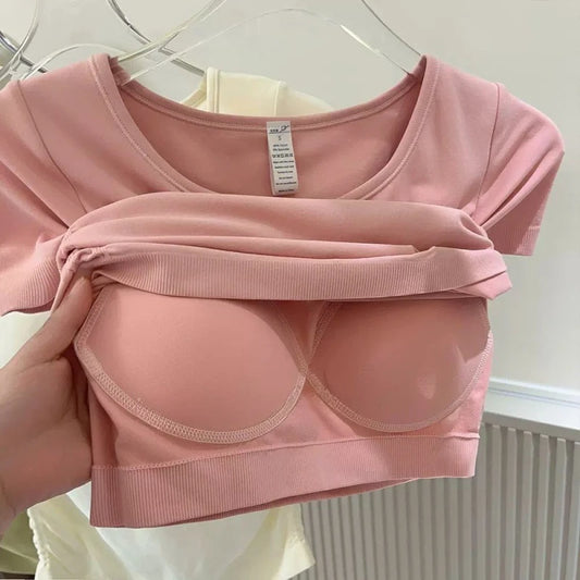 Seamless V-neck with Bra Pads Short-sleeved Women's Thin Slim Cups One-piece T-shirt Yoga Wear Fitness Tops for Women