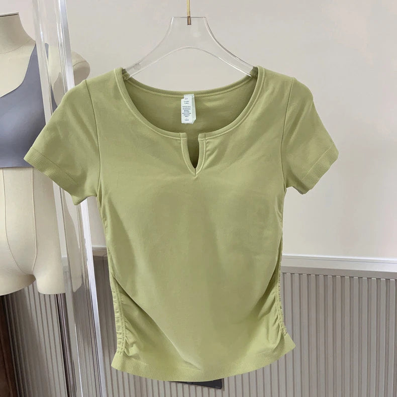 Seamless V-neck with Bra Pads Short-sleeved Women's Thin Slim Cups One-piece T-shirt Yoga Wear Fitness Tops for Women