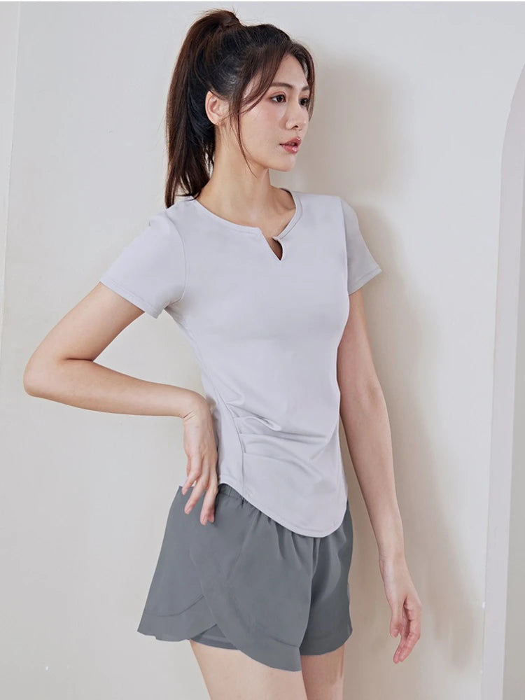 New Summer V-neck Yoga Sports Short-sleeved Stretch Fitness Nude Short-sleeved Solid Color Thin Shaping Pleated Women's T-shirt
