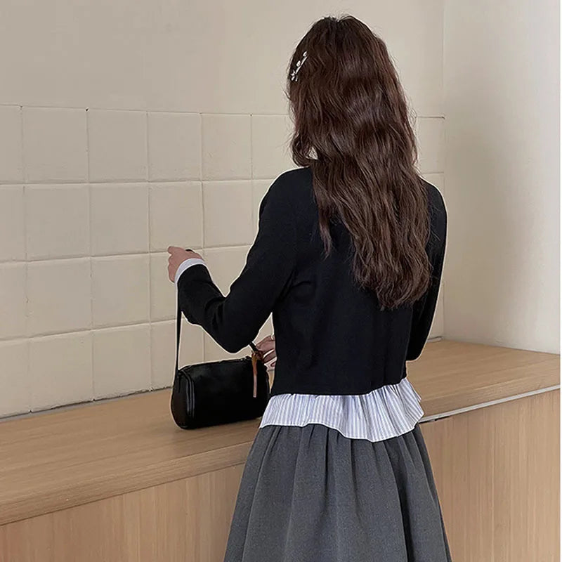 Women Cardigan V-neck Fake Two-piece Contrast Design Single Breasted Knit Comfortable Soft Casual Versatile Long Sleeved Top