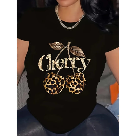 Stylish Women's Cherry & Leopard Print T-Shirt - Comfortable Round Neck, Short Sleeve Top, Machine Washable