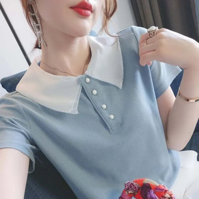 Short Sleeve Polo Neck T Shirt for Women Slim Woman Tshirt Clearance Tee Y2k Fashion Korea 2025 High Quality Women's Clothing