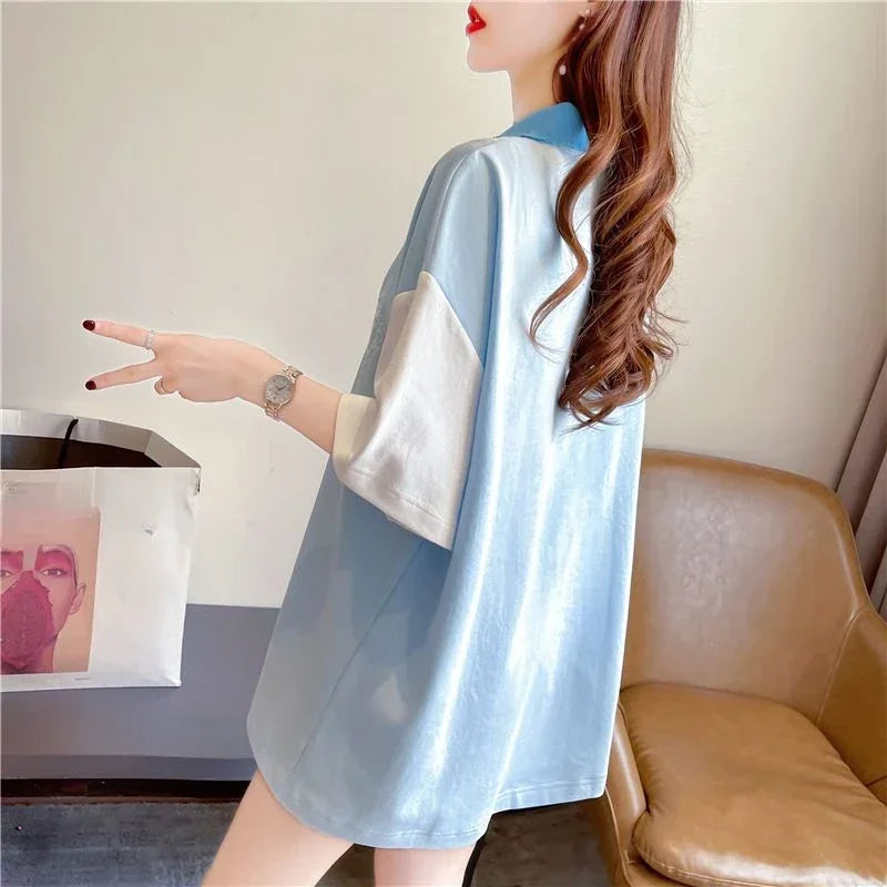Y2k Fashion Summer Outfit Short Sleeve Baggy Neck T Shirt For Women Korean Style Clothing New Aesthetic Woman Button Tshirt