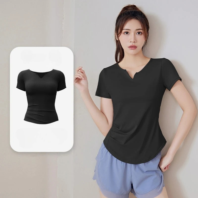 New Summer V-neck Yoga Sports Short-sleeved Stretch Fitness Nude Short-sleeved Solid Color Thin Shaping Pleated Women's T-shirt