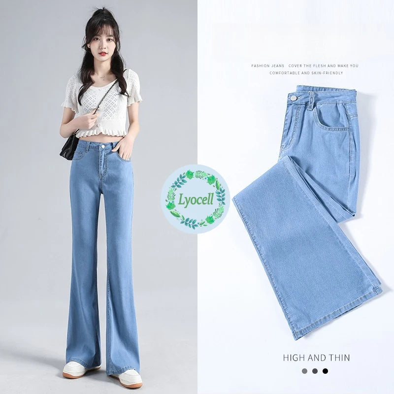 Summer Women's Wide Leg 100% Lyocell fabric Jeans Flared Bootcut Denim Pants High Waist Loose Thin Breathable Trousers Male