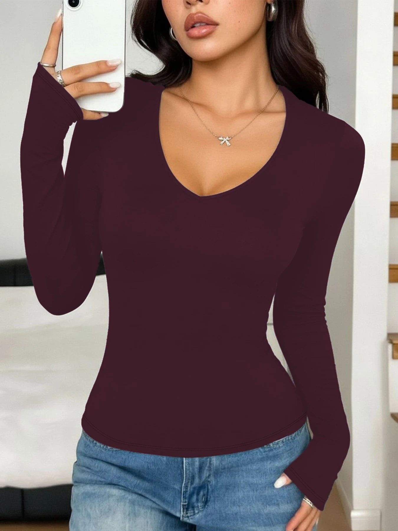 Women's Long Sleeve T-Shirt. Super Soft Workout Running Yoga Athletic V-Neck Tee