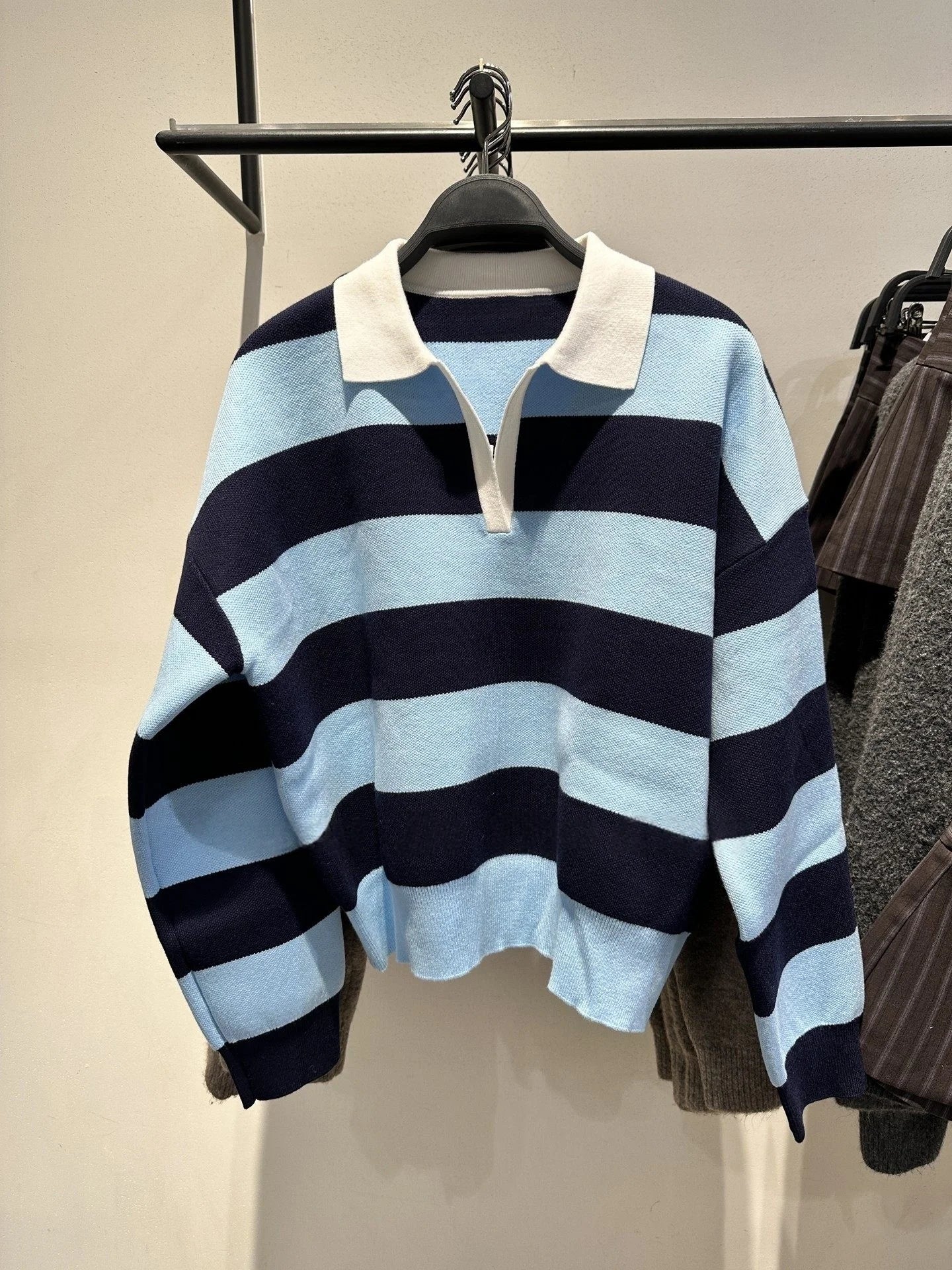 2026 new women's fashion simple American casual versatile long sleeved striped knitted polo shirt top