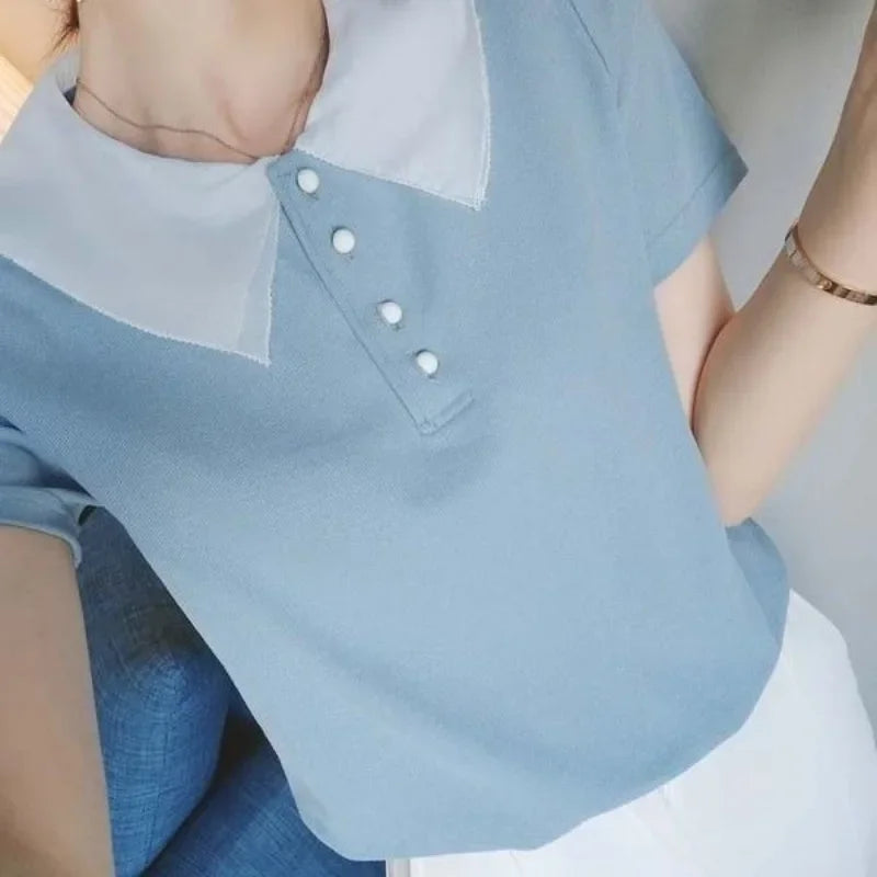 Short Sleeve Polo Neck T Shirt for Women Slim Woman Tshirt Clearance Tee Y2k Fashion Korea 2025 High Quality Women's Clothing
