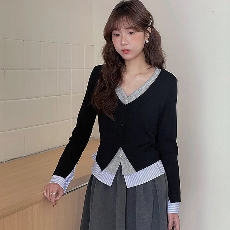 Women Cardigan V-neck Fake Two-piece Contrast Design Single Breasted Knit Comfortable Soft Casual Versatile Long Sleeved Top