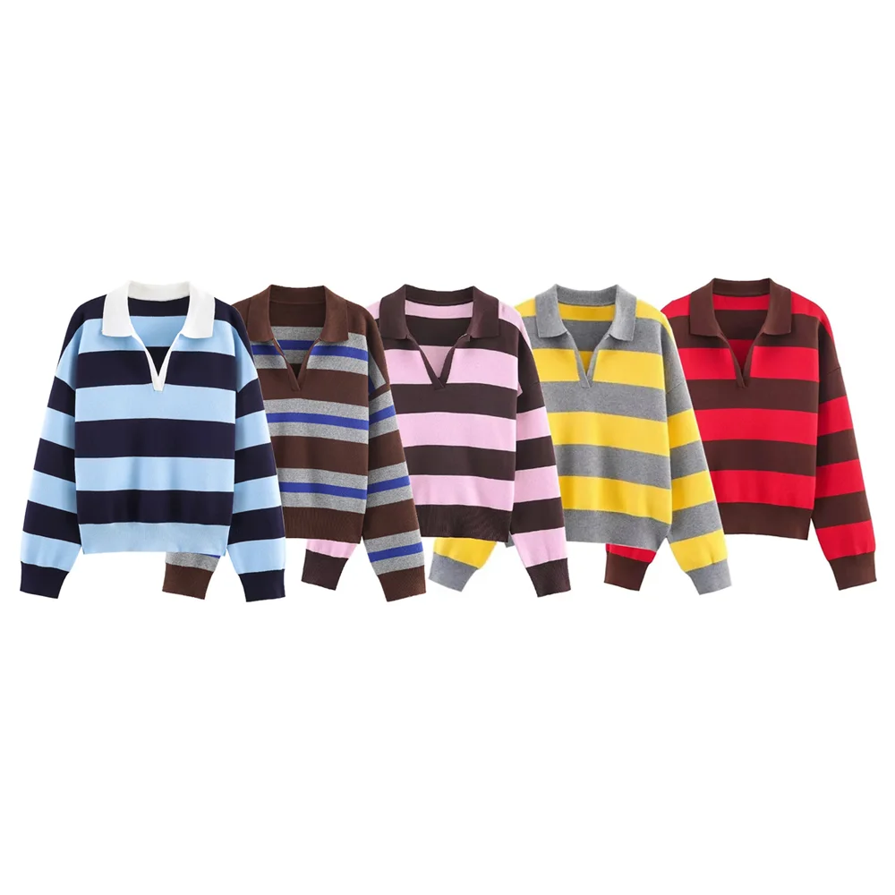 2026 new women's fashion simple American casual versatile long sleeved striped knitted polo shirt top