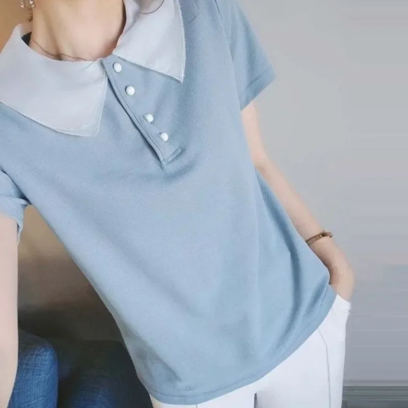Short Sleeve Polo Neck T Shirt for Women Slim Woman Tshirt Clearance Tee Y2k Fashion Korea 2025 High Quality Women's Clothing