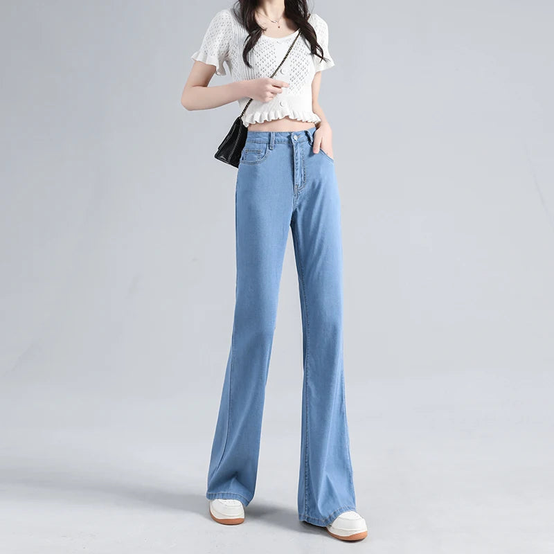 Summer Women's Wide Leg 100% Lyocell fabric Jeans Flared Bootcut Denim Pants High Waist Loose Thin Breathable Trousers Male