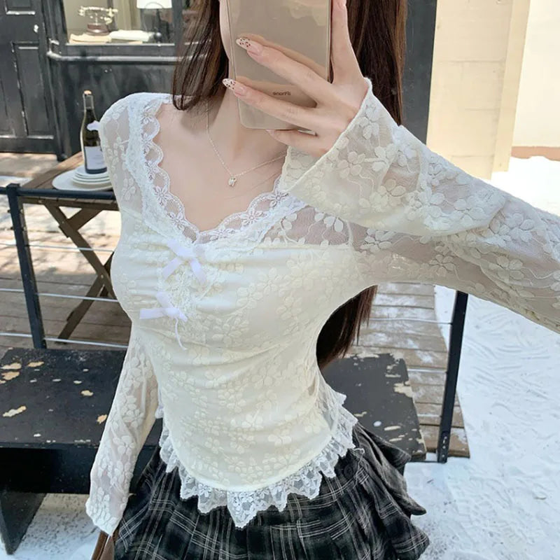 Women Long Sleeved T-shirt V-neck Lace Bow Splicing Slimming Solid Color Simple Fashion Sweet Daily Versatile Short Style Top