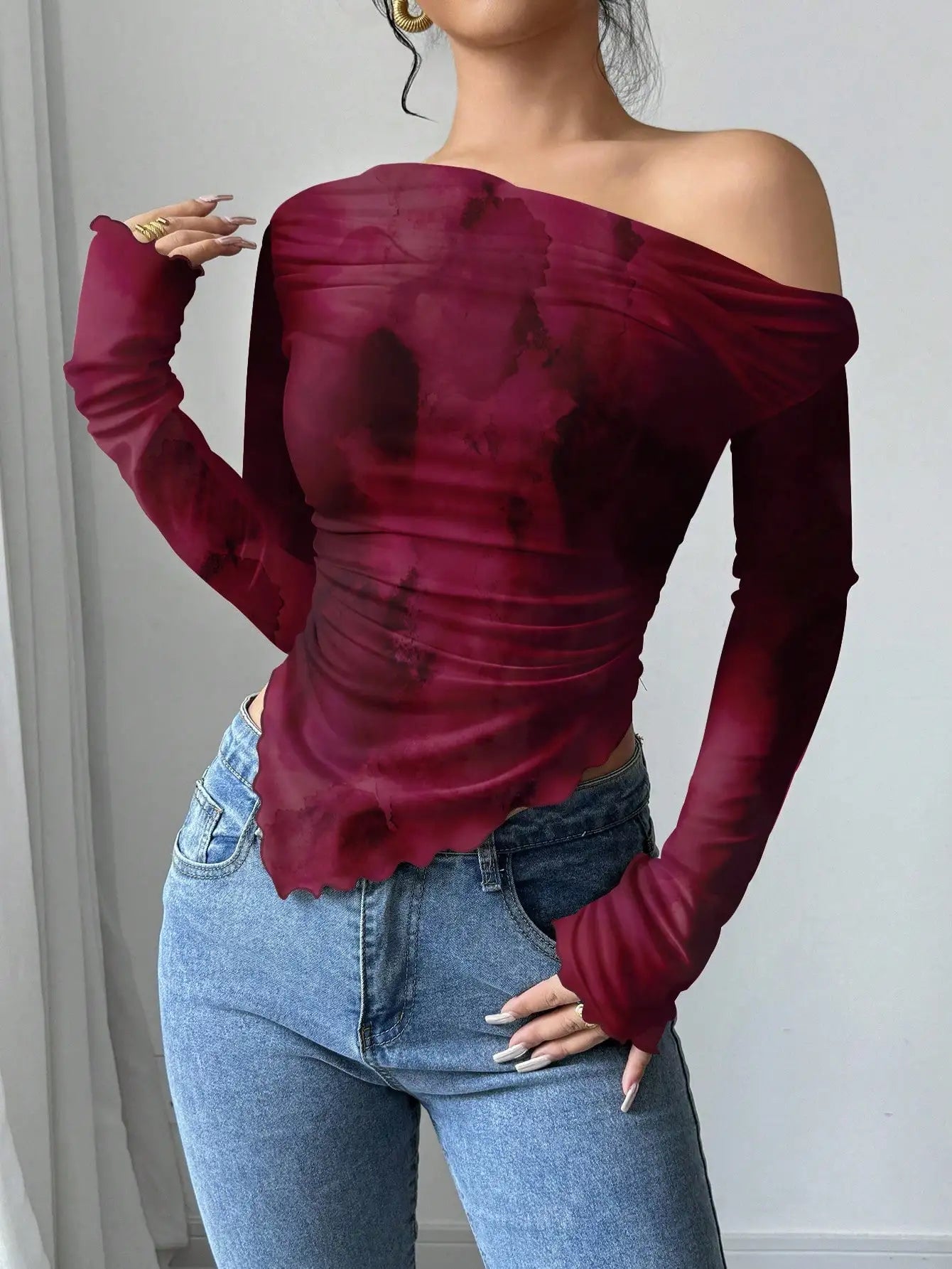 Brown Leopard Print Off Shoulder Long Sleeve Top For Women Fall Winter Party Casual