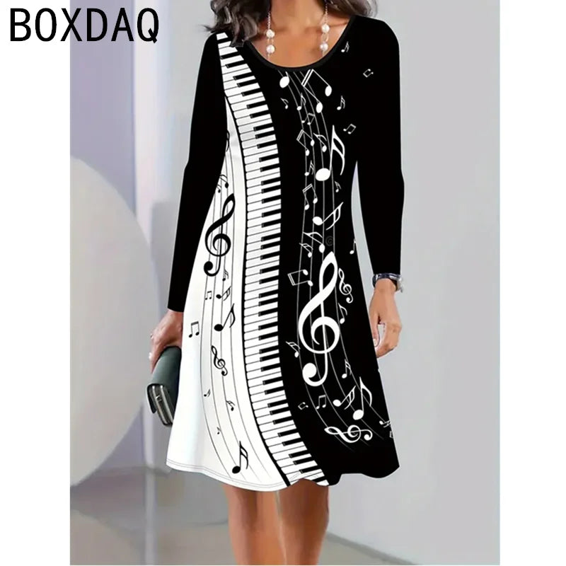 Black And White Piano Keys Music Note Print Dress 2024 New Autumn Winter Long Sleeve Women's Dress Elegant A-Line Dress Vestidos