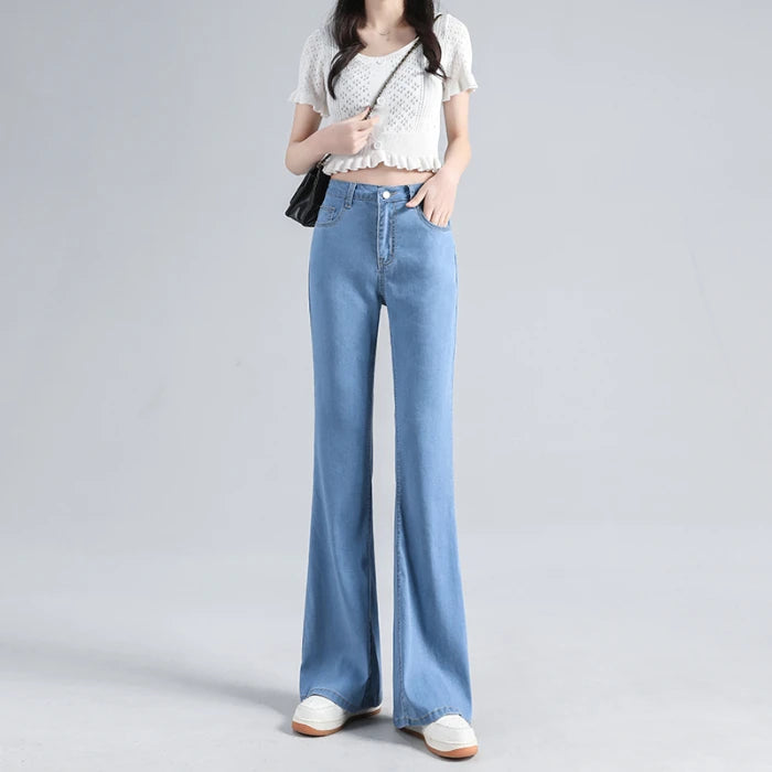 Summer Women's Wide Leg 100% Lyocell fabric Jeans Flared Bootcut Denim Pants High Waist Loose Thin Breathable Trousers Male