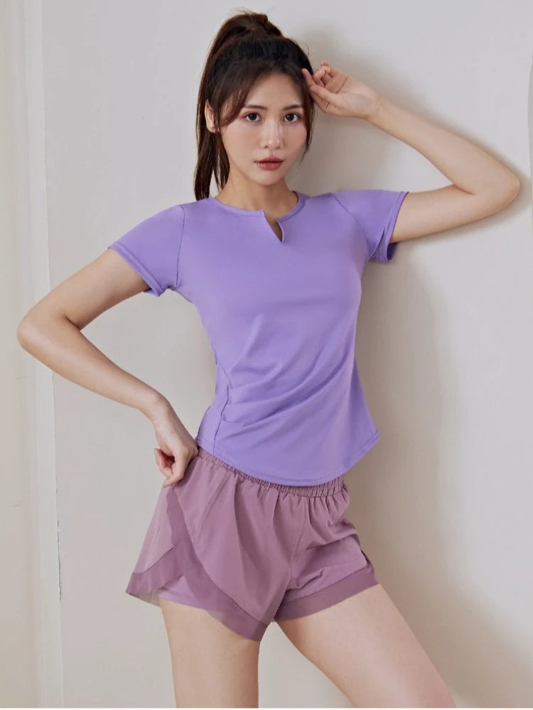 New Summer V-neck Yoga Sports Short-sleeved Stretch Fitness Nude Short-sleeved Solid Color Thin Shaping Pleated Women's T-shirt