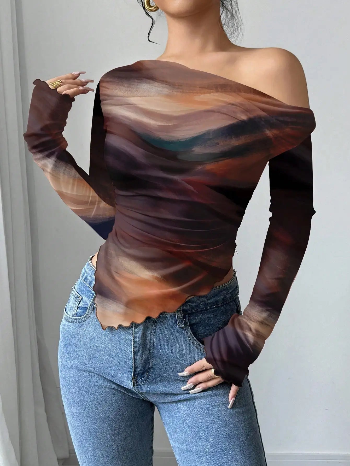 Brown Leopard Print Off Shoulder Long Sleeve Top For Women Fall Winter Party Casual