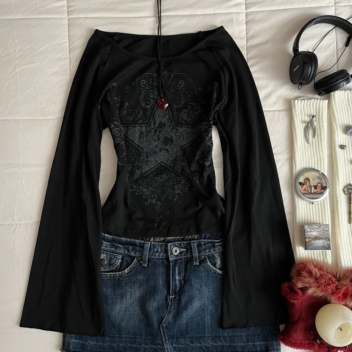 Y2K Grunge Emo Pattern Top Suitable for Autumn E-Girls Millennium Style Women's Aesthetic Gothic Printed Loose Long Sleeve T-shi