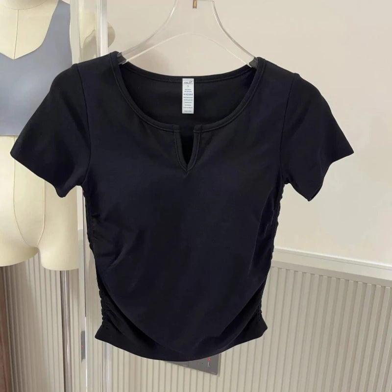 Seamless V-neck with Bra Pads Short-sleeved Women's Thin Slim Cups One-piece T-shirt Yoga Wear Fitness Tops for Women