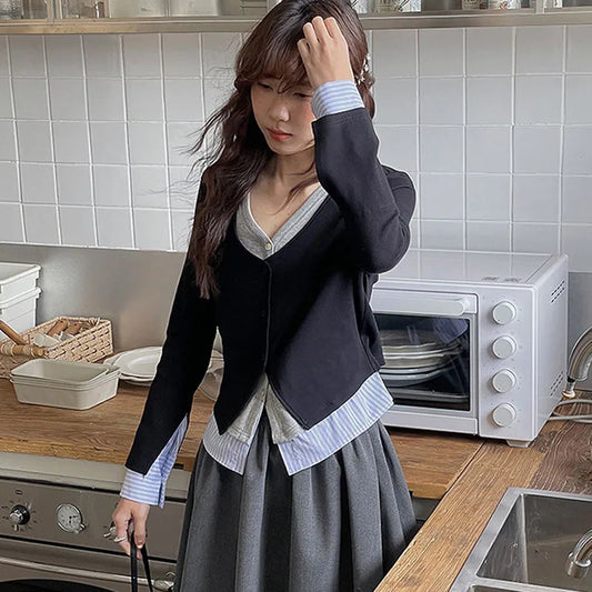 Women Cardigan V-neck Fake Two-piece Contrast Design Single Breasted Knit Comfortable Soft Casual Versatile Long Sleeved Top