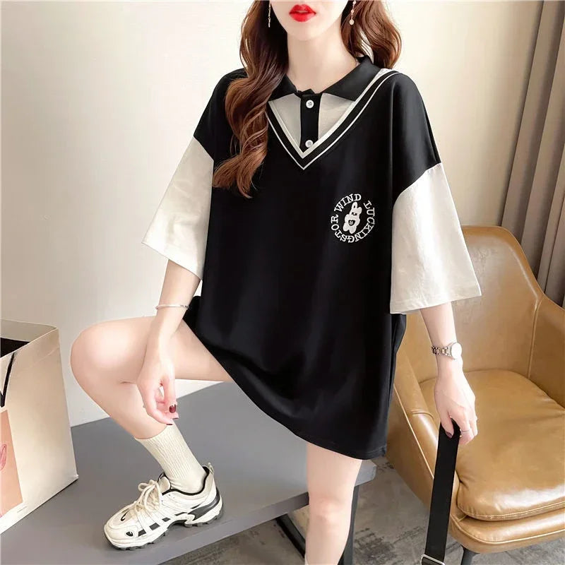 Y2k Fashion Summer Outfit Short Sleeve Baggy Neck T Shirt For Women Korean Style Clothing New Aesthetic Woman Button Tshirt