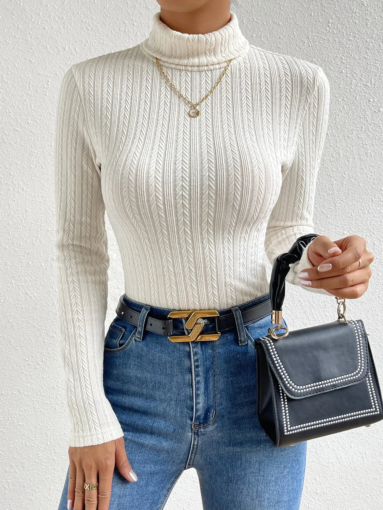 Cream Turtleneck Cable Knit Long Sleeve Top for Women