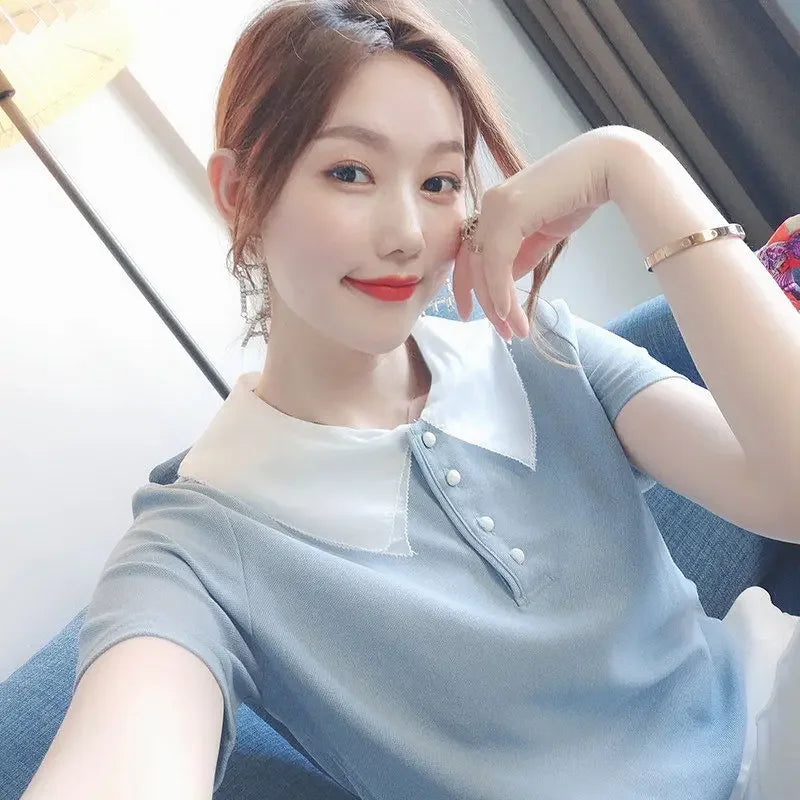 Short Sleeve Polo Neck T Shirt for Women Slim Woman Tshirt Clearance Tee Y2k Fashion Korea 2025 High Quality Women's Clothing