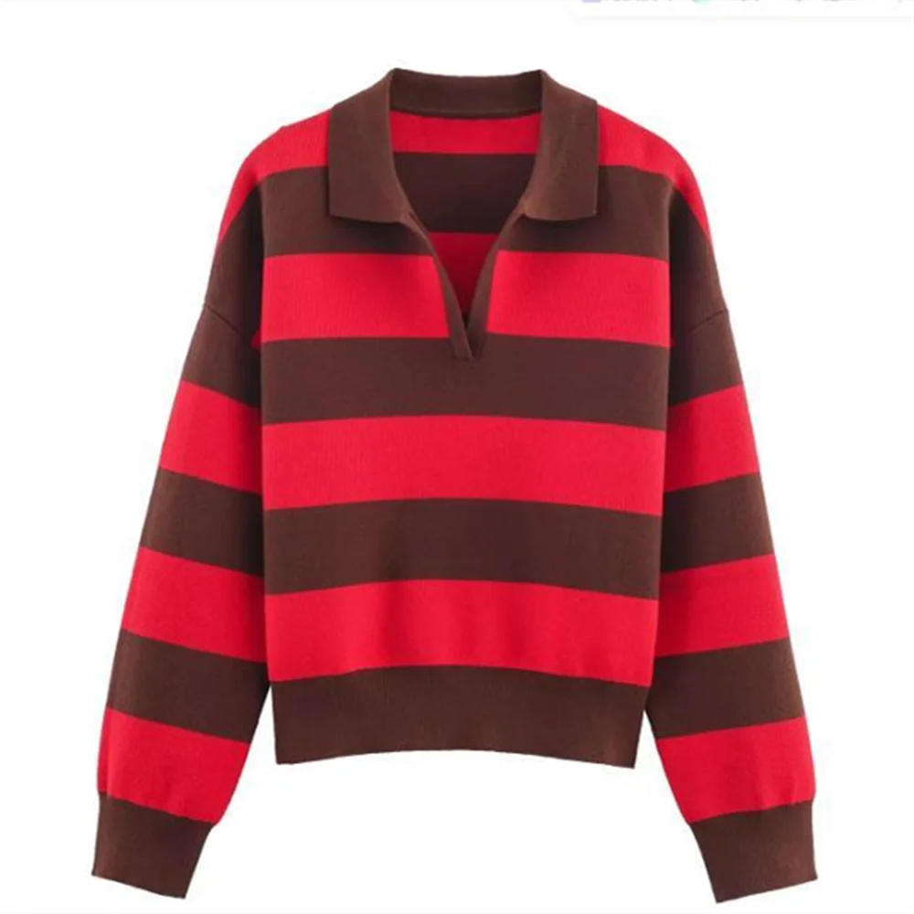 2026 new women's fashion simple American casual versatile long sleeved striped knitted polo shirt top