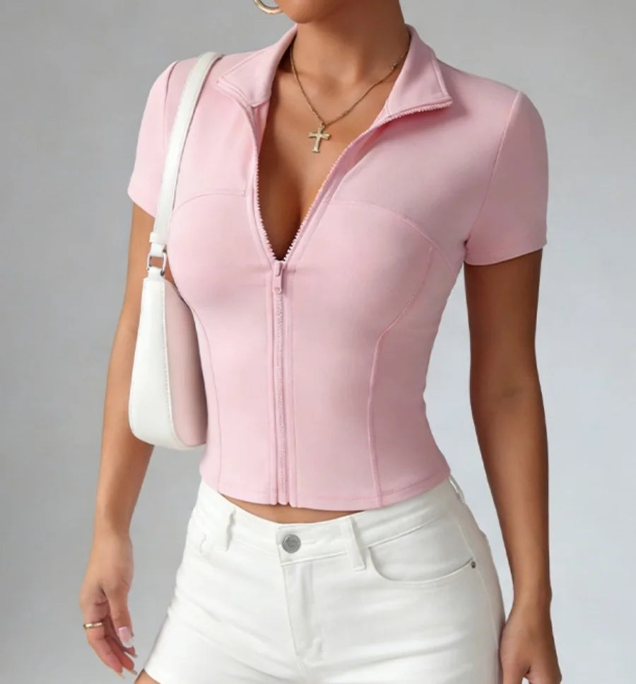 Woman yoga Jacket High Elastic breathable Yoga Short Sleeve Pink Polo Collar Tight Sports Coat Naked Fitness Casual Activewear