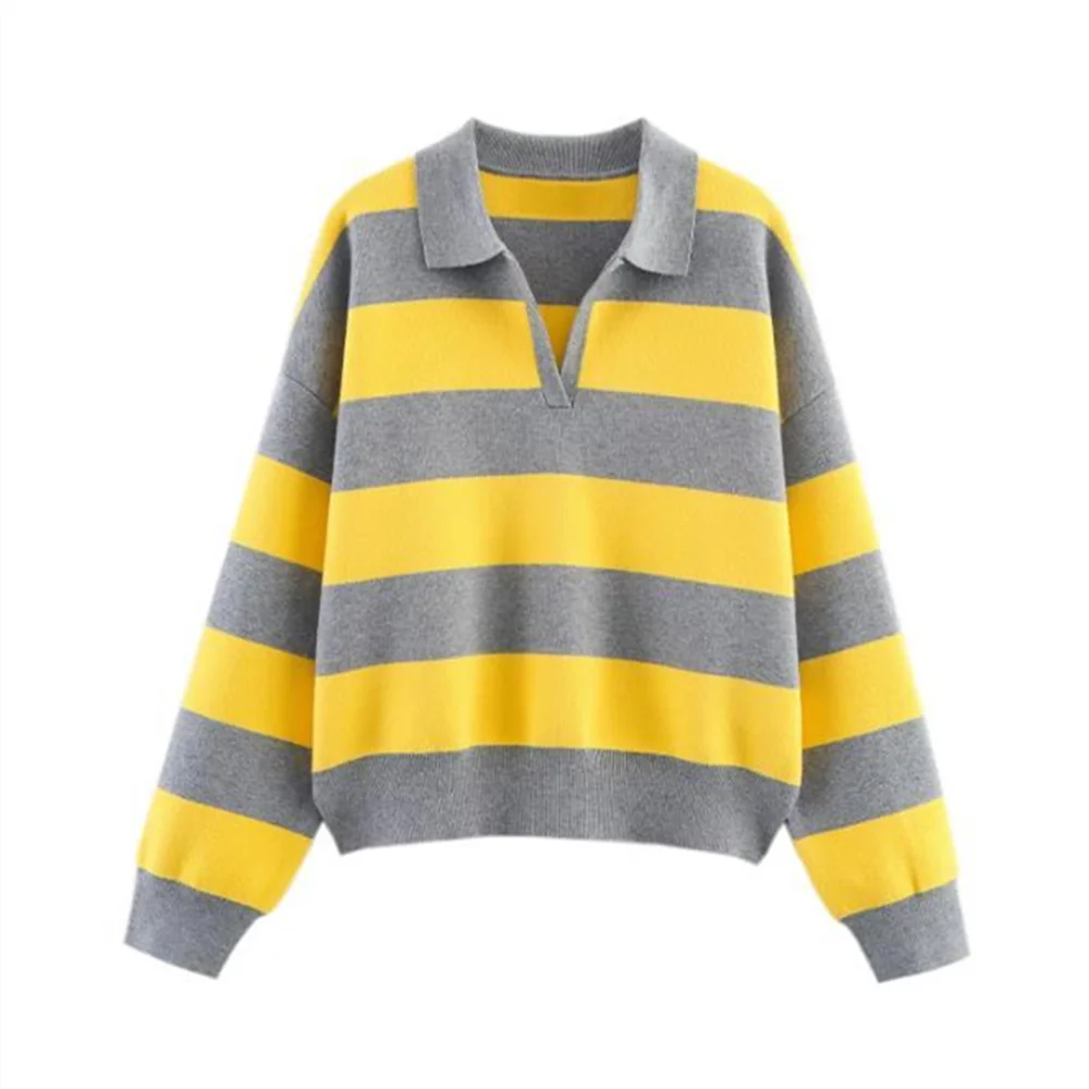 2026 new women's fashion simple American casual versatile long sleeved striped knitted polo shirt top