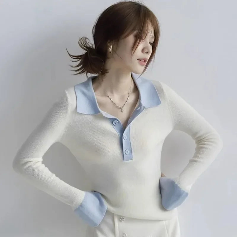 Woman Tshirt With Collar Autumn Winter Korean Clothing Polo Neck T Shirt for Women Cheap Tops Luxury In Trend 2025 Basic Sales