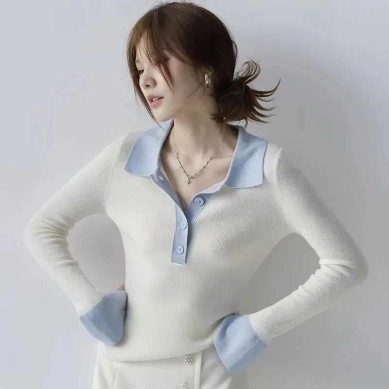 Woman Tshirt With Collar Autumn Winter Korean Clothing Polo Neck T Shirt for Women Cheap Tops Luxury In Trend 2025 Basic Sales