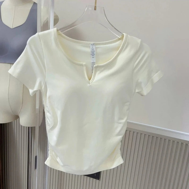 Seamless V-neck with Bra Pads Short-sleeved Women's Thin Slim Cups One-piece T-shirt Yoga Wear Fitness Tops for Women