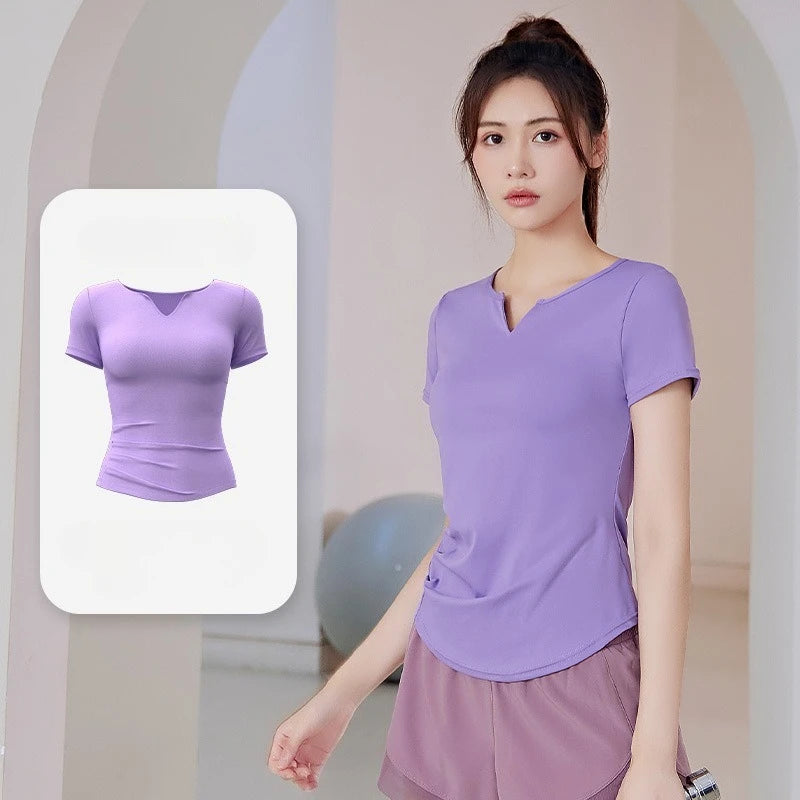 New Summer V-neck Yoga Sports Short-sleeved Stretch Fitness Nude Short-sleeved Solid Color Thin Shaping Pleated Women's T-shirt