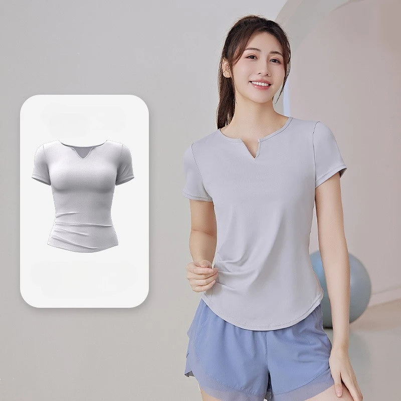New Summer V-neck Yoga Sports Short-sleeved Stretch Fitness Nude Short-sleeved Solid Color Thin Shaping Pleated Women's T-shirt