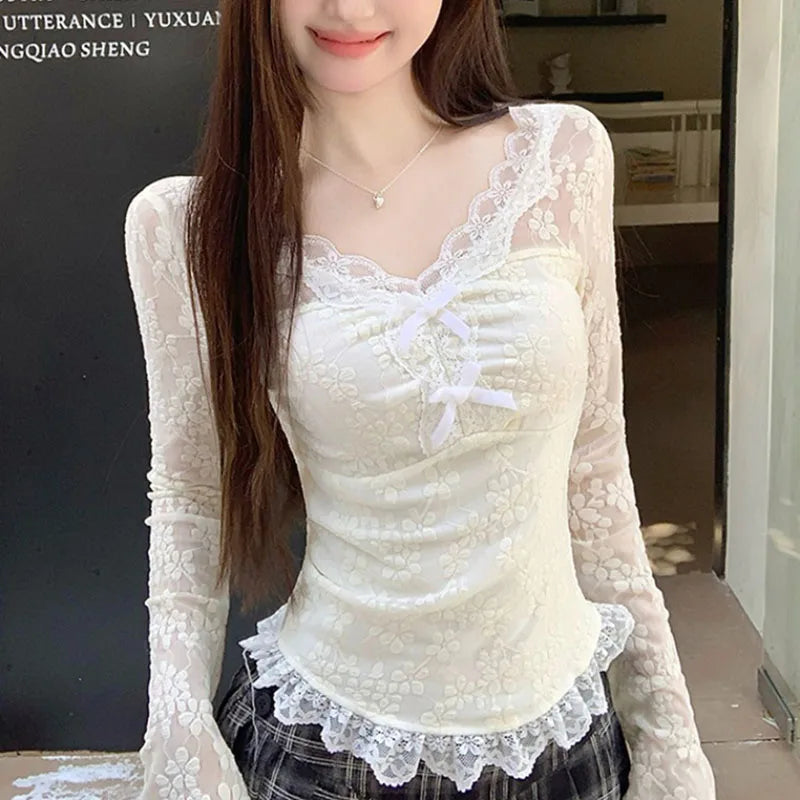 Women Long Sleeved T-shirt V-neck Lace Bow Splicing Slimming Solid Color Simple Fashion Sweet Daily Versatile Short Style Top