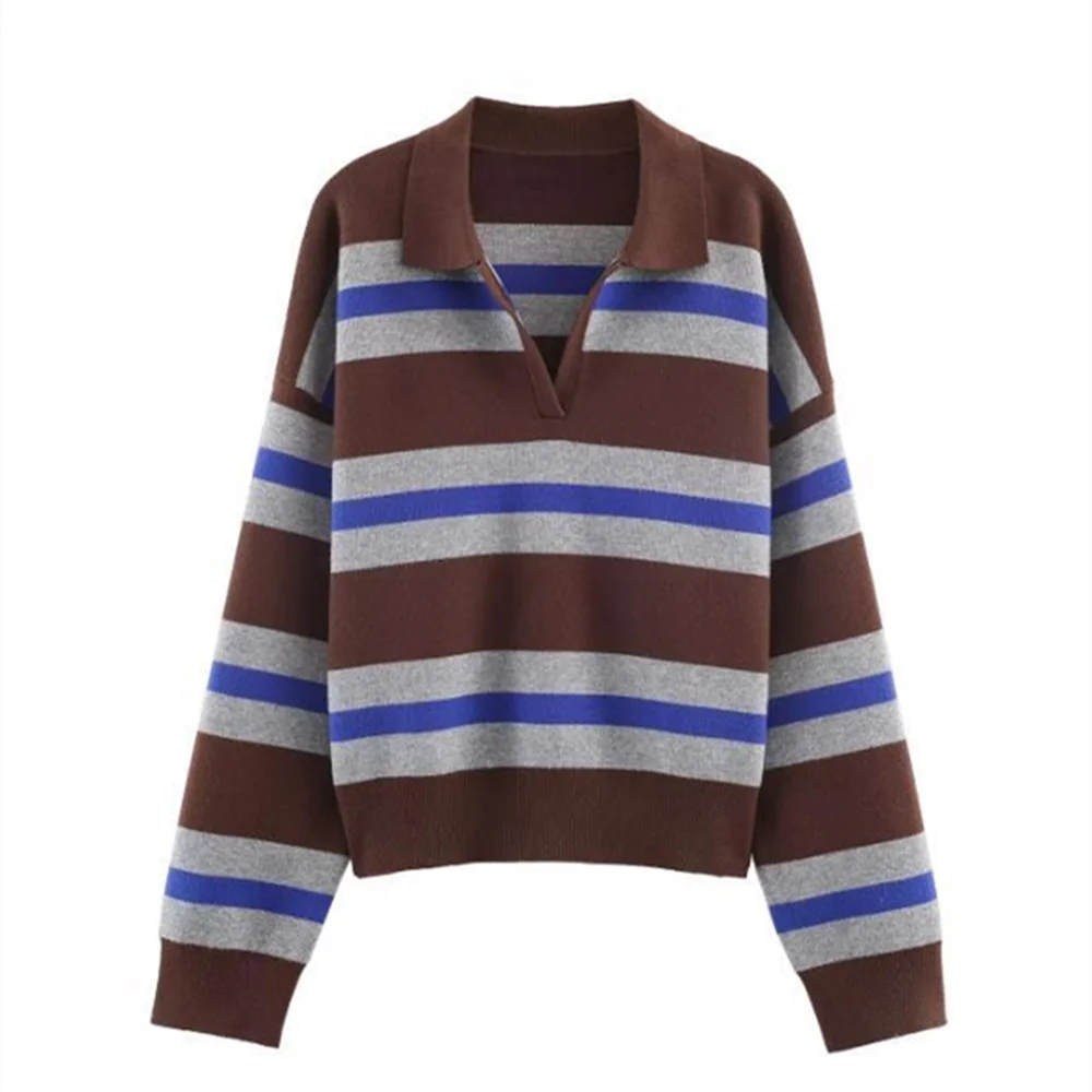 2026 new women's fashion simple American casual versatile long sleeved striped knitted polo shirt top