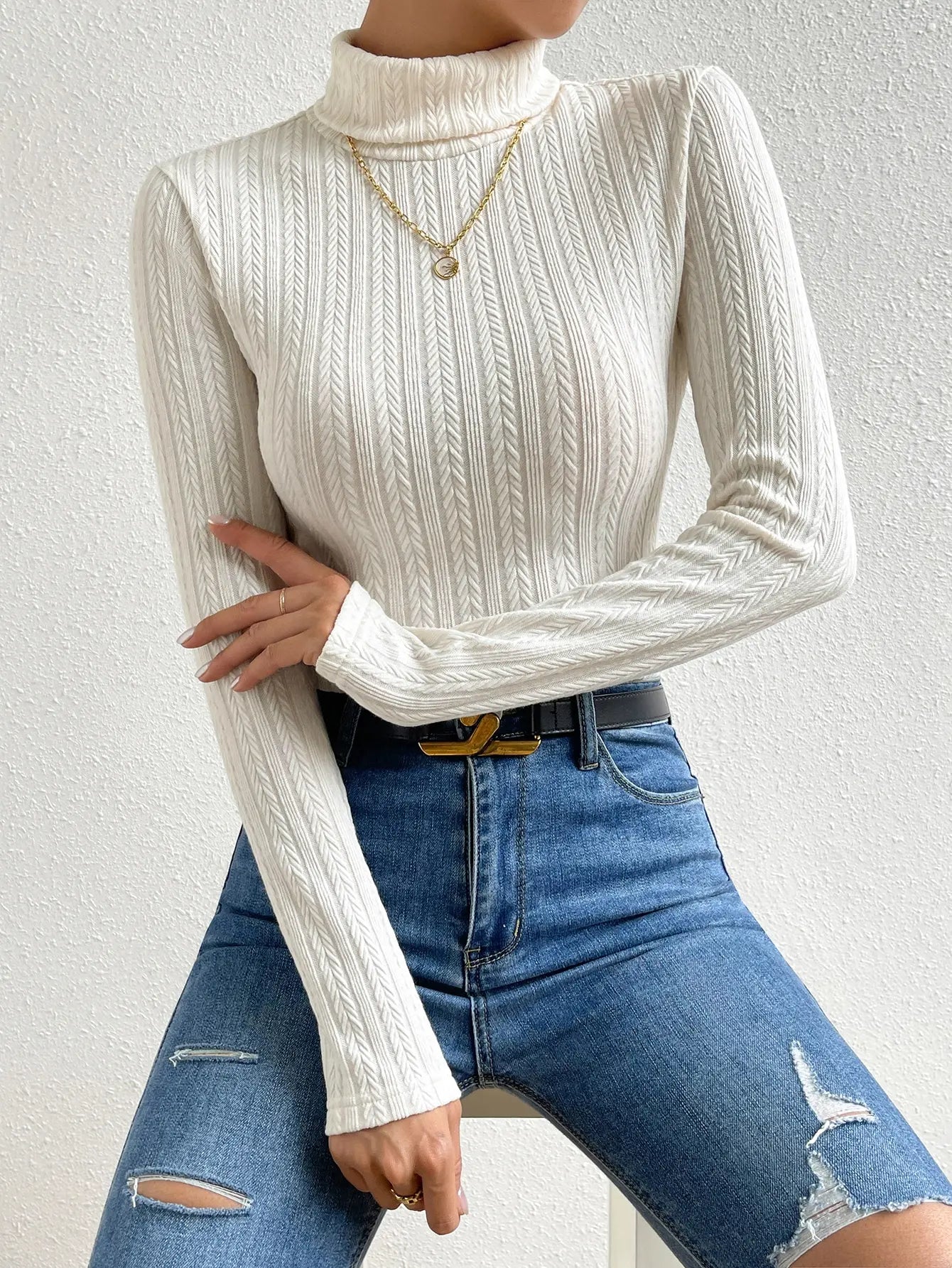 Cream Turtleneck Cable Knit Long Sleeve Top for Women