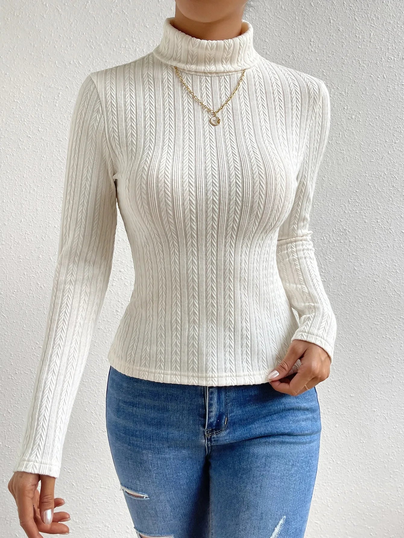 Cream Turtleneck Cable Knit Long Sleeve Top for Women
