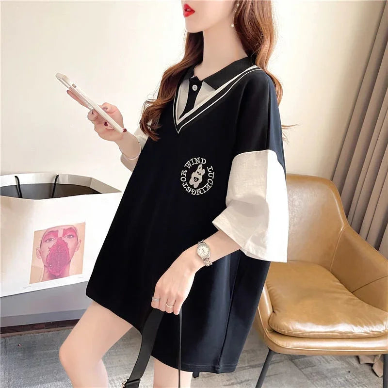 Y2k Fashion Summer Outfit Short Sleeve Baggy Neck T Shirt For Women Korean Style Clothing New Aesthetic Woman Button Tshirt