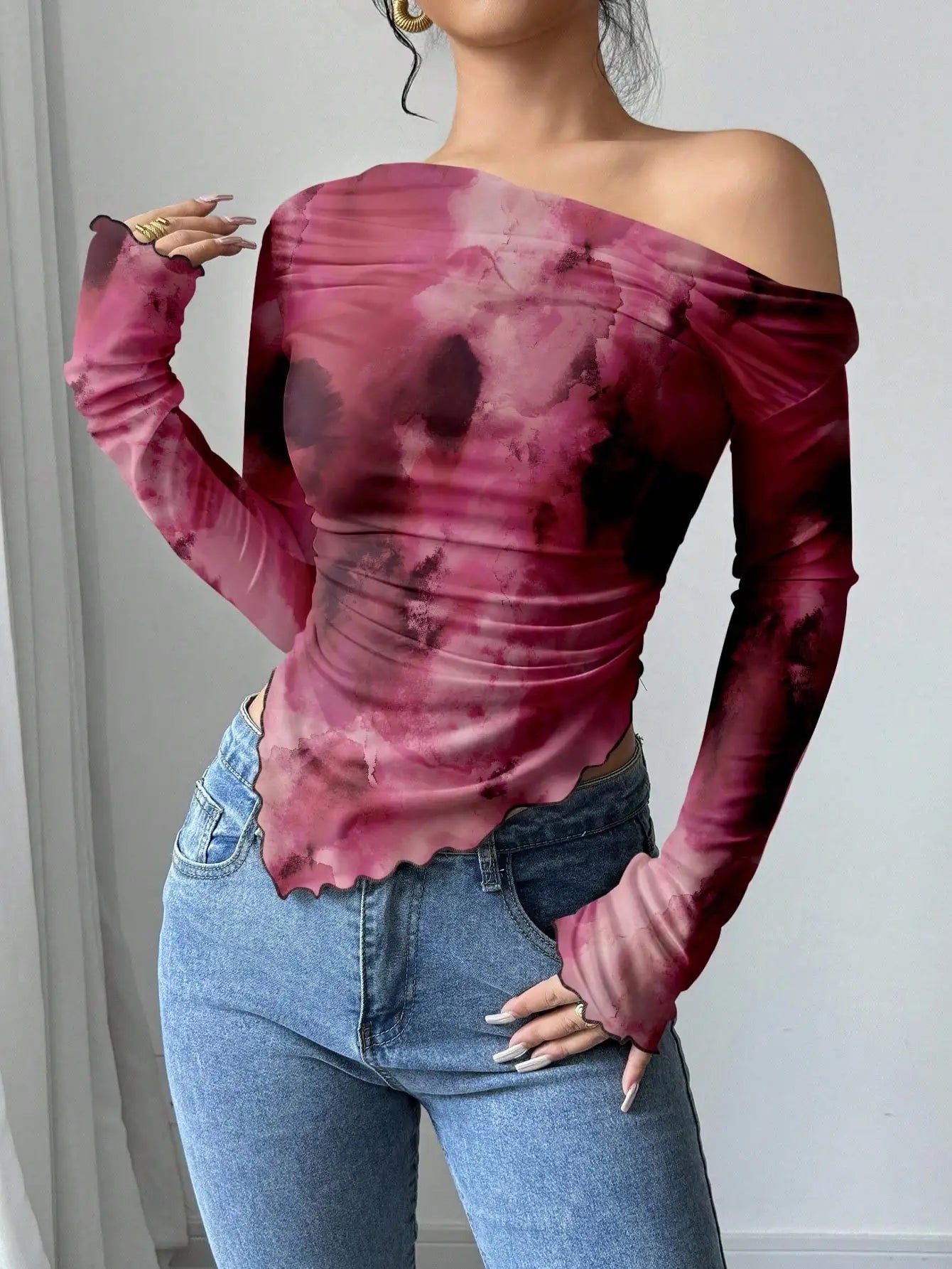 Brown Leopard Print Off Shoulder Long Sleeve Top For Women Fall Winter Party Casual