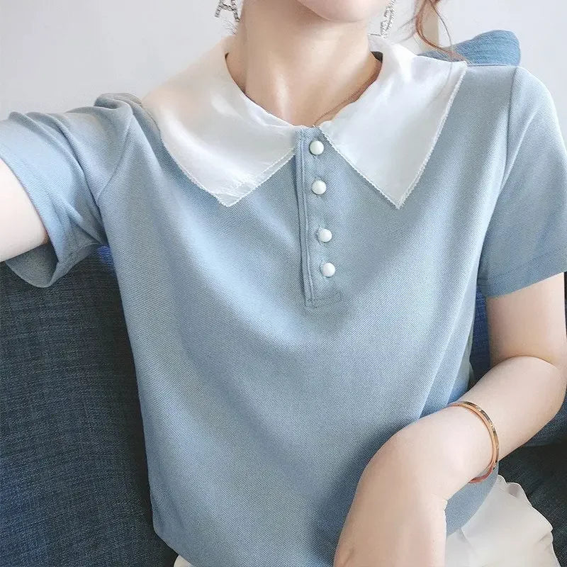Short Sleeve Polo Neck T Shirt for Women Slim Woman Tshirt Clearance Tee Y2k Fashion Korea 2025 High Quality Women's Clothing